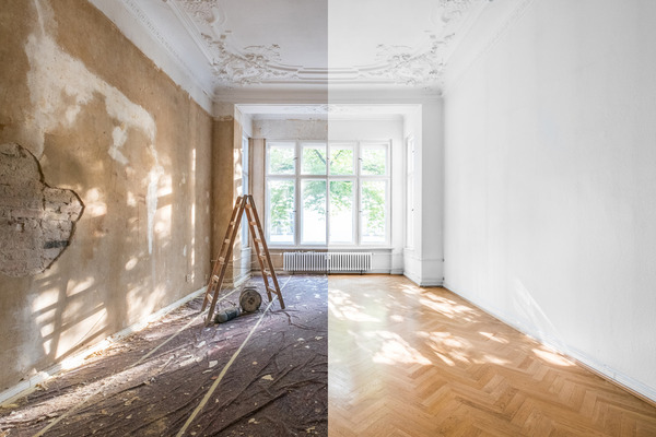 Stylized before and after photo of home renovation