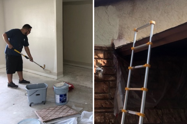 two photos of a man painting a wall and a leaning ladder
